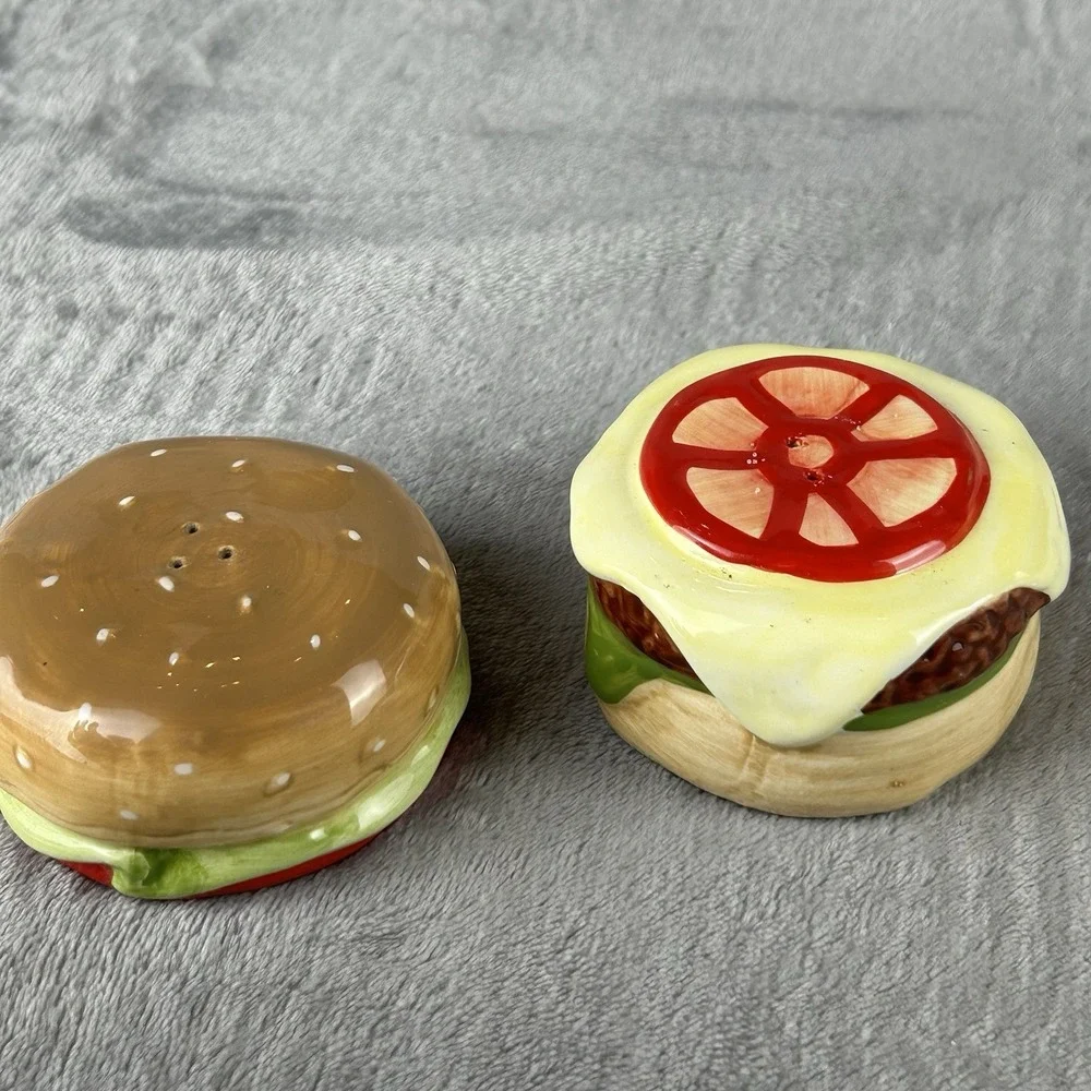 Pier 1 Imports Cheeseburger Deluxe Salt & Pepper Shakers Ceramic Stacking Kitsch